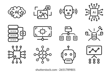 Artificial Intelligence and Machine Learning Icon Set – AI, Neural Network, Data Mining, Computer Vision, Voice Recognition, and Robotics Line Icons for Tech and Software Design

