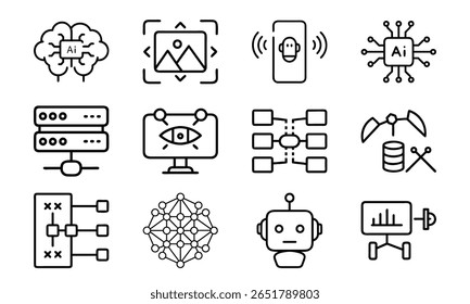 Artificial Intelligence and Machine Learning Icon Set – AI, Neural Network, Data Mining, Computer Vision, Voice Recognition, and Robotics Line Icons for Tech and Software Design

