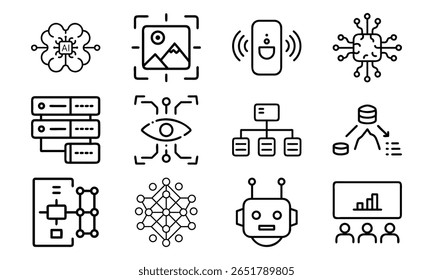 Artificial Intelligence and Machine Learning Icon Set – AI, Neural Network, Data Mining, Computer Vision, Voice Recognition, and Robotics Line Icons for Tech and Software Design

