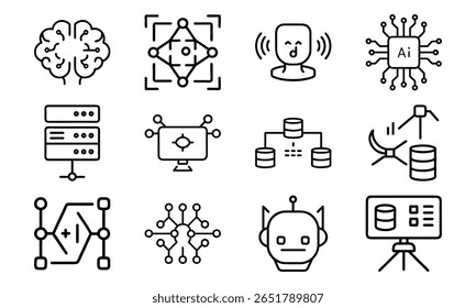 Artificial Intelligence and Machine Learning Icon Set – AI, Neural Network, Data Mining, Computer Vision, Voice Recognition, and Robotics Line Icons for Tech and Software Design

