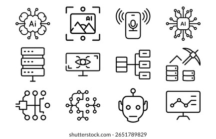 Artificial Intelligence and Machine Learning Icon Set – AI, Neural Network, Data Mining, Computer Vision, Voice Recognition, and Robotics Line Icons for Tech and Software Design

