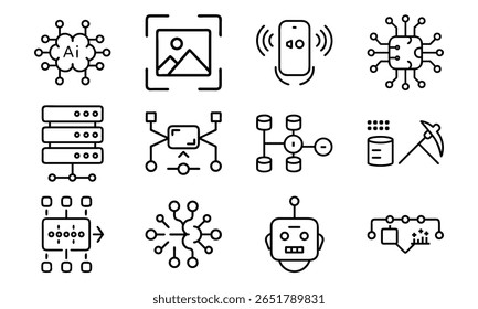 Artificial Intelligence and Machine Learning Icon Set – AI, Neural Network, Data Mining, Computer Vision, Voice Recognition, and Robotics Line Icons for Tech and Software Design

