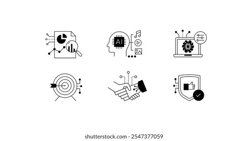 Ícones de Inteligência Artificial e Aprendizado de Máquina. Uma coleção que representa processos orientados por IA, análise de dados, colaboração e aplicativos de tecnologia seguros.