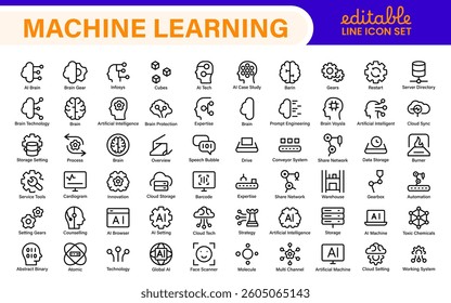 Artificial Intelligence Machine Learning Icons - AI, Neural Network, Deep Learning, Data Science, Algorithm - Vector, Outline, Line, Illustration, Minimal