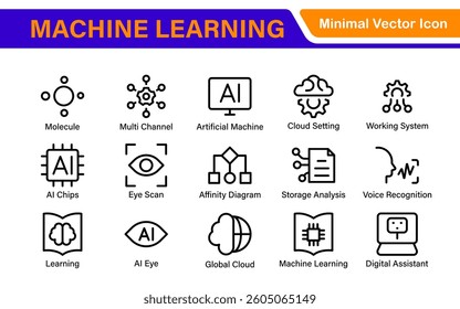 Artificial Intelligence Machine Learning Icons - AI, Neural Network, Deep Learning, Data Science, Algorithm - Vector, Outline, Line, Illustration, Minimal