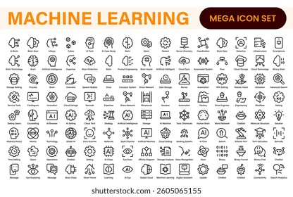 Artificial Intelligence Machine Learning Icons - AI, Neural Network, Deep Learning, Data Science, Algorithm - Vector, Outline, Line, Illustration, Minimal