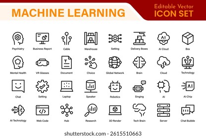 Artificial Intelligence Machine Learning Icons - AI, Neural Network, Deep Learning, Data Science, Algorithm - Vector, Outline, Line, Illustration, Minimal