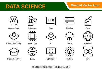 Artificial Intelligence Machine Learning Icons - AI, Neural Network, Deep Learning, Data Science, Algorithm - Vector, Outline, Line, Illustration, Minimal