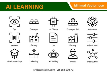 Artificial Intelligence Machine Learning Icons - AI, Neural Network, Deep Learning, Data Science, Algorithm - Vector, Outline, Line, Illustration, Minimal