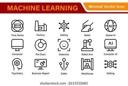 Artificial Intelligence Machine Learning Icons - AI, Neural Network, Deep Learning, Data Science, Algorithm - Vector, Outline, Line, Illustration, Minimal