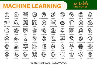 Artificial Intelligence Machine Learning Icons - AI, Neural Network, Deep Learning, Data Science, Algorithm - Vector, Outline, Line, Illustration, Minimal