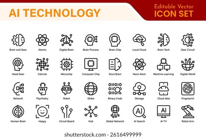 Artificial Intelligence Machine Learning Icons - AI, Neural Network, Deep Learning, Data Science, Algorithm - Vector, Outline, Line, Illustration, Minimal
