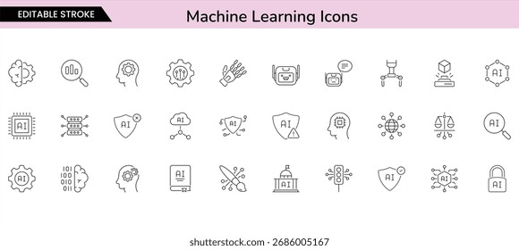 Inteligência Artificial e Ícones de Aprendizado de Máquina - Conjunto Moderno de Vetores de Linha