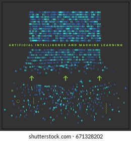 Artificial intelligence and machine learning information technologies infographic vector illustrations. Big data algorithms visualization for business and sceince presentations, posters and covers.