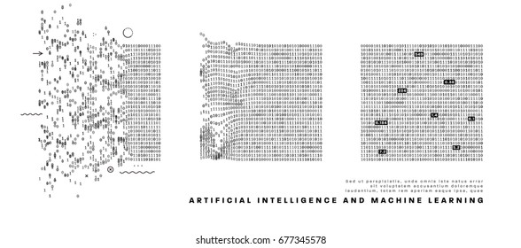 Artificial intelligence and machine learning information technologies infographic vector illustrations. Big data algorithms visualization for business and science presentations, posters and covers.