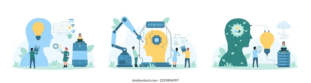 Artificial intelligence, machine learning and invention set vector illustration. Cartoon busy tiny people create AI digital brain in human head with robots help, connect light bulb to mind with wires