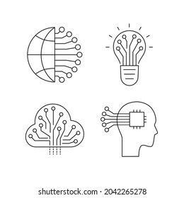 Artificial intelligence and machine learning line icon set. Simple thin outline pictogram collection. AI concept. Innovative robotic technology elements. Cpu,cloud. Editable stroke vector illustration