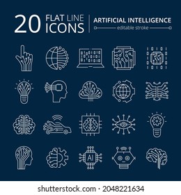 Artificial intelligence and machine learning line icon set. Simple thin outline pictogram collection. AI concept. Innovative robotic technology elements. Cpu,cloud. Editable stroke vector illustration
