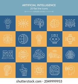Artificial intelligence and machine learning line icon set. Simple thin outline pictogram collection. AI concept. Innovative robotic technology elements. Cpu,cloud. Editable stroke vector illustration