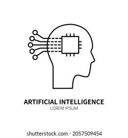 Artificial intelligence and machine learning line icon. Head and cpu. Simple thin outline pictogram. AI concept. Innovative robotic technology element. Cpu,cloud. Editable stroke vector illustration
