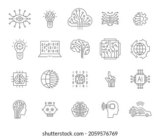 Artificial intelligence and machine learning line icon set. Simple thin outline pictogram collection. AI concept. Innovative robotic technology elements. Cpu,cloud. Editable stroke vector illustration