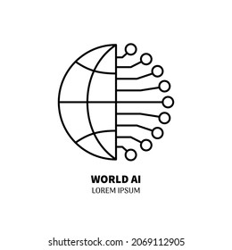 Artificial intelligence and machine learning line icon. World AI. Simple thin outline pictogram. AI concept. Innovative robotic technology element. Cpu,cloud. Editable stroke vector illustration