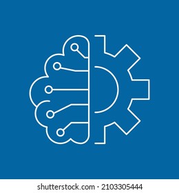 Artificial intelligence and machine learning line icon. Brain and gear. Simple thin outline pictogram. AI concept. Innovative robotic technology element. Cpu,cloud. Editable stroke vector illustration