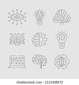 Artificial intelligence and machine learning line icon set. Simple thin outline pictogram collection. AI concept. Innovative robotic technology elements. Cpu,cloud. Editable stroke vector illustration