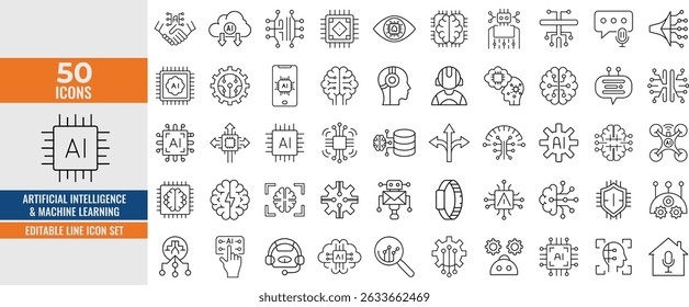 Inteligência Artificial e Conjunto de Ícones de Linha de Aprendizado de Máquina. IA, Bots, Aprendizagem de Máquina e ícones de linha de tecnologia inteligente