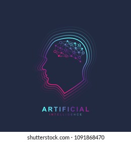 Artificial Intelligence And Machine Learning Logo Concept. Human Head Outline With Brain Icon. Vector Symbol AI. Brain Logotype Template