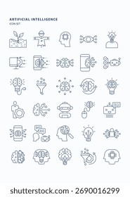 Inteligência artificial e conjunto de ícones de contorno de aprendizado de máquina, incluindo ícones como tag