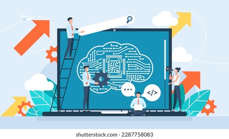 Artificial intelligence, machine learning. Programmers with computer learning AI. Data, brain with digital circuit. Brain with neural network on laptop and scientists, tiny people. Vector illustration