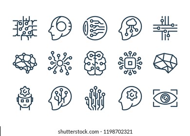 Artificial intelligence and Machine learning related line icon set. AI development vector linear icons.