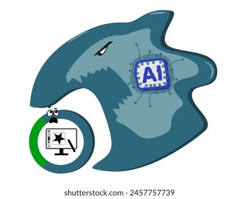 Inteligencia artificial y aprendizaje automático como una célula tipo tiburón con un chip conectado como núcleo cerca de una ilustración del sector del Diseño gráfico donde la IA reemplazará la mayoría del trabajo