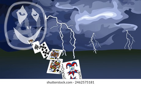 Artificial intelligence and machine learning as a smiling joker in a storm with lightening spitting out a royal flush and a joker with an ai chip in a hazard card game of poker on a background of dark