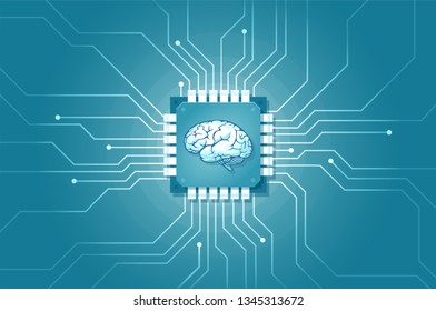 Artificial intelligence machine learning technology integration in human life concept. Vector of a computer circuit implanted in human brain.