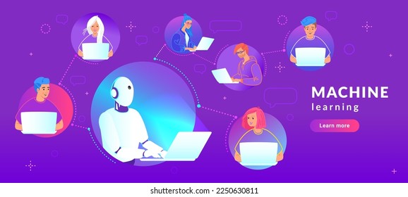 Artificial intelligence and machine learning technology. Gradient vector illustration of group of teenagers texting to a bot using laptops. Virtual intelligent assistance and neural network 