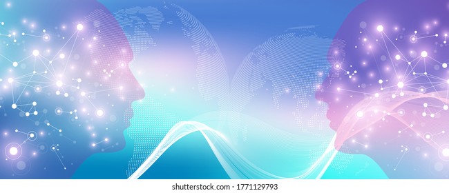 Artificial Intelligence and Machine Learning Vector Concept in Neural Network. AI Web Banner Design with Human Face. Wave Flow Communication. Digital Network for Artificial Intelligence Deep Learning