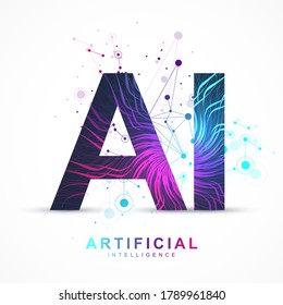 Artificial Intelligence and Machine Learning Vector Concept in Neural Network. AI Web Banner Design with Human Face. Wave Flow Communication. Digital Network for Artificial Intelligence Deep Learning