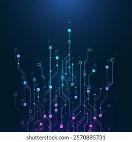 Artificial Intelligence or machine learning vector design. Quantum computer technology concept with circuit board and motherboard texture background design. Waves flow quantum explosion.