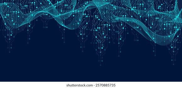 Artificial Intelligence or machine learning vector design. Quantum computer technology concept with circuit board and motherboard texture background design. Waves flow quantum explosion.