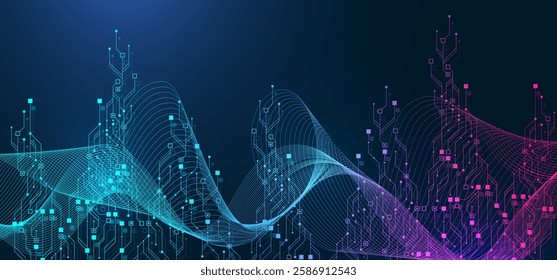 Artificial Intelligence or machine learning vector design. Quantum computer technology concept with circuit board and motherboard texture background design. Waves flow quantum explosion.