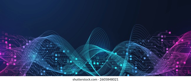 Artificial Intelligence or machine learning vector design. Quantum computer technology concept with circuit board and motherboard texture background design. Waves flow quantum explosion.