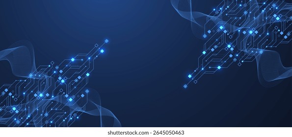 Inteligência artificial ou design vetorial de aprendizagem de máquina. Conceito de tecnologia de computador Quantum com placa de circuito e design de fundo de textura da placa-mãe. Explosão quântica do fluxo de ondas