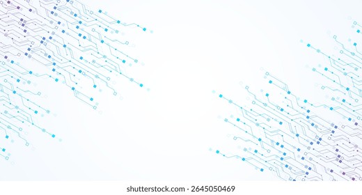 Inteligência artificial ou design vetorial de aprendizagem de máquina. Conceito de tecnologia de computador Quantum com placa de circuito e design de fundo de textura da placa-mãe. Explosão quântica do fluxo de ondas