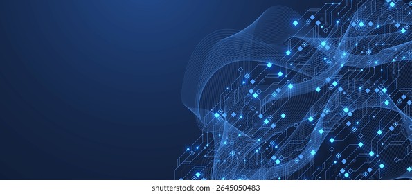 Artificial Intelligence or machine learning vector design. Quantum computer technology concept with circuit board and motherboard texture background design. Waves flow quantum explosion