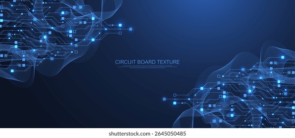 Artificial Intelligence or machine learning vector design. Quantum computer technology concept with circuit board and motherboard texture background design. Waves flow quantum explosion