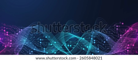 Artificial Intelligence or machine learning vector design. Quantum computer technology concept with circuit board and motherboard texture background design. Waves flow quantum explosion.