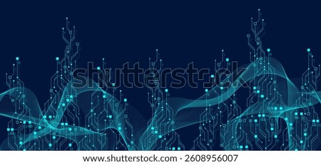 Artificial Intelligence or machine learning vector design. Quantum computer technology concept with circuit board and motherboard texture background design. Waves flow quantum explosion.