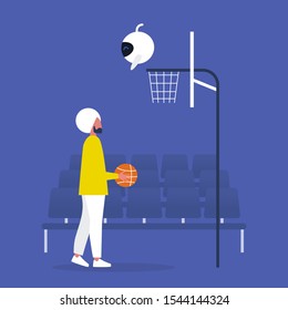 Artificial intelligence and machine learning, Young indian male character and cute white robot playing basketball together